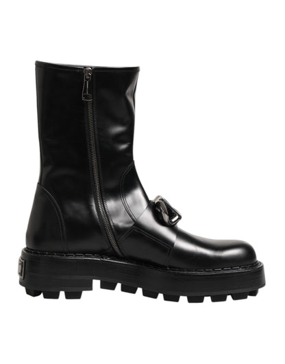 Dolce & Gabbana Men's Calf Leather Viscose & Silk Flat Biker Mid-Calf Boots - Black