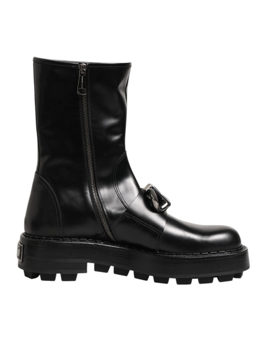 Dolce & Gabbana Men's Calf Leather Viscose & Silk Flat Biker Mid-Calf Boots - Black