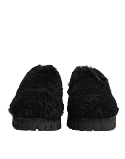 Dolce & Gabbana Men's Calf & Goat Leather Fur Platform Loafer Slip-On Slippers Shoes - Black