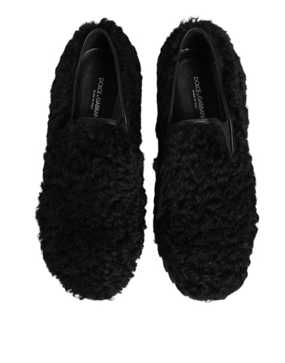 Dolce & Gabbana Men's Calf & Goat Leather Fur Platform Loafer Slip-On Slippers Shoes - Black