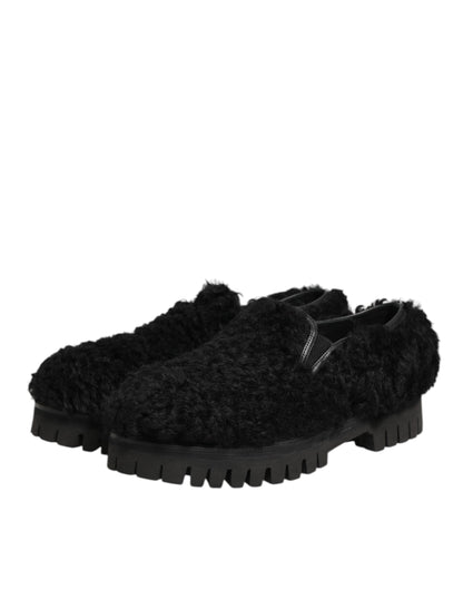 Dolce & Gabbana Men's Calf & Goat Leather Fur Platform Loafer Slip-On Slippers Shoes - Black