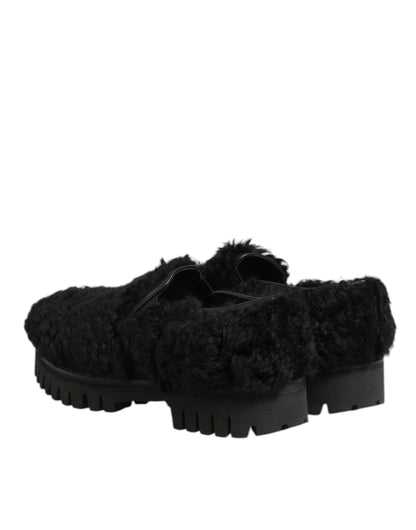 Dolce & Gabbana Men's Calf & Goat Leather Fur Platform Loafer Slip-On Slippers Shoes - Black