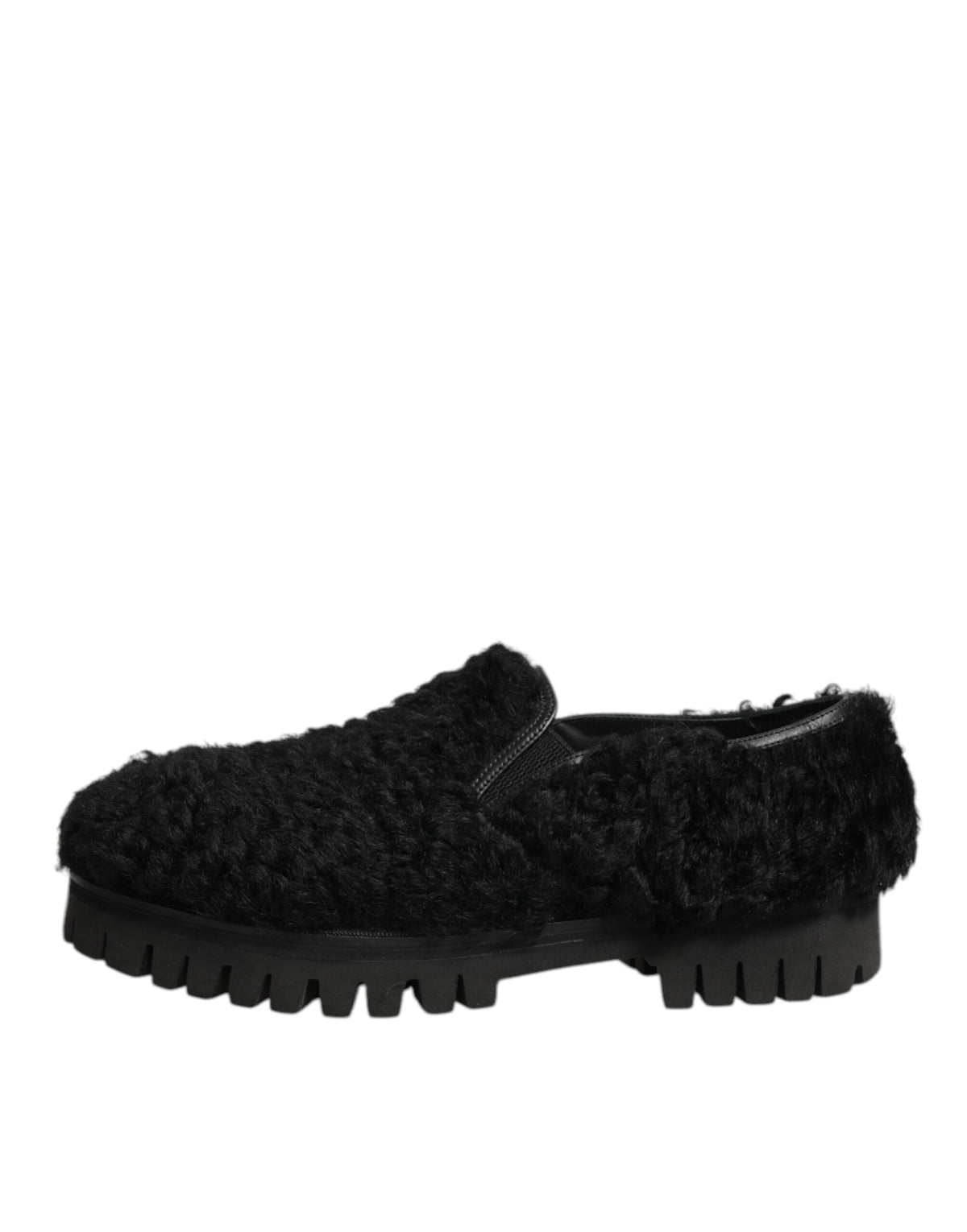 Dolce & Gabbana Men's Calf & Goat Leather Fur Platform Loafer Slip-On Slippers Shoes - Black