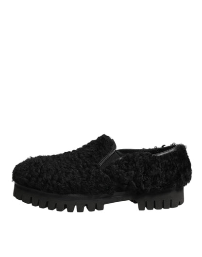 Dolce & Gabbana Men's Calf & Goat Leather Fur Platform Loafer Slip-On Slippers Shoes - Black