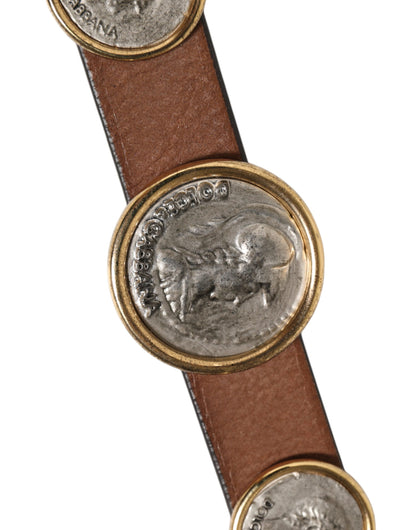 Dolce & Gabbana Brown Leather Gold Silver Coin Buckle Belt