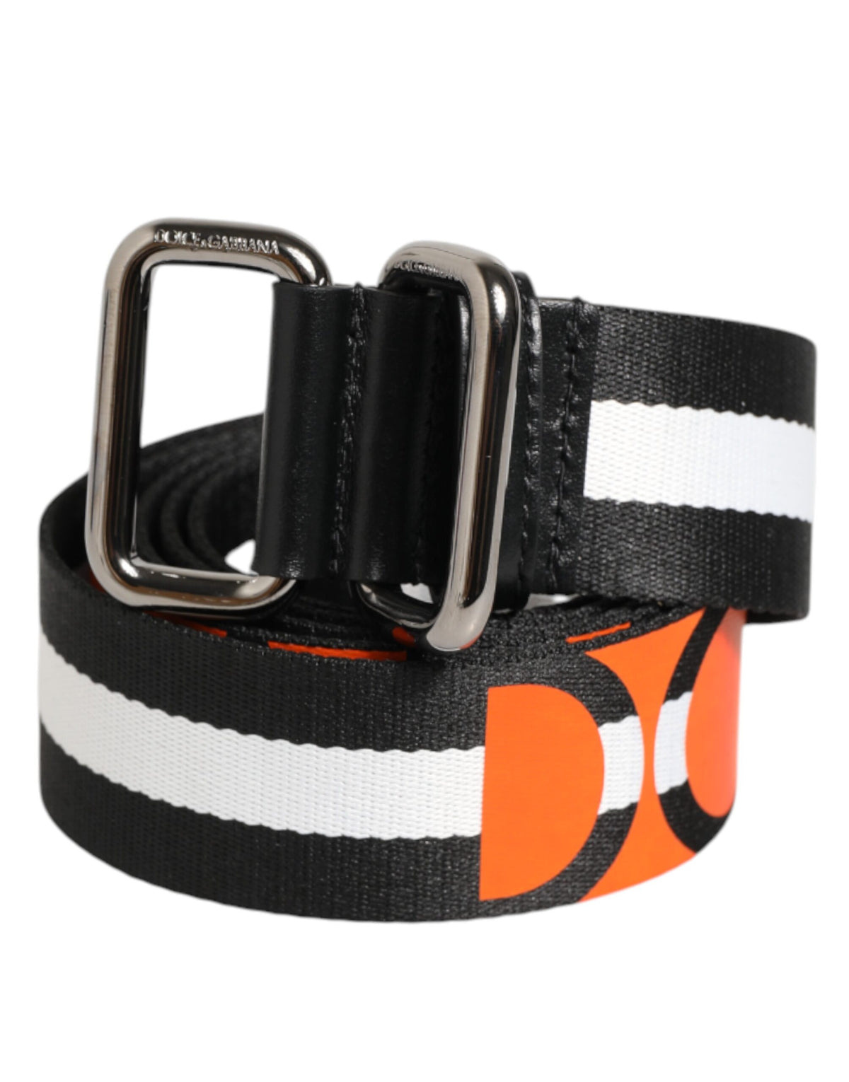 Dolce & Gabbana Calf Leather Nylon & Metal Belt - Black Orange Silver White Print Striped