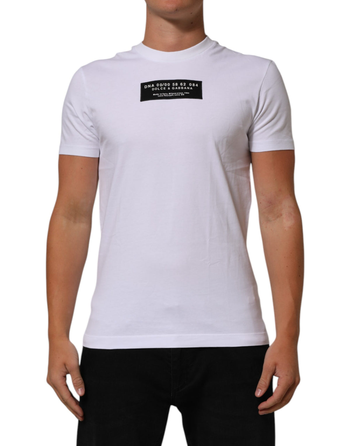 Dolce & Gabbana Men's Regular Fit Short-Sleeve Crew Neck Denim Cotton T-Shirt - White Signature Print