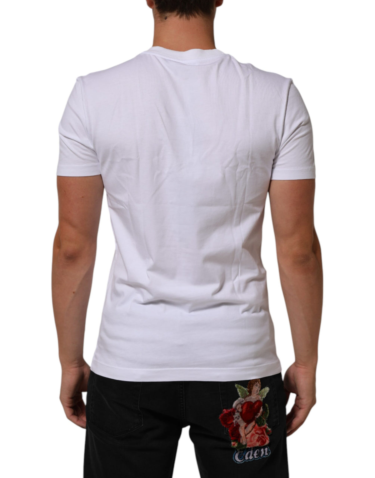 Dolce & Gabbana Men's Regular Fit Short-Sleeve Crew Neck Denim Cotton T-Shirt - White Signature Print