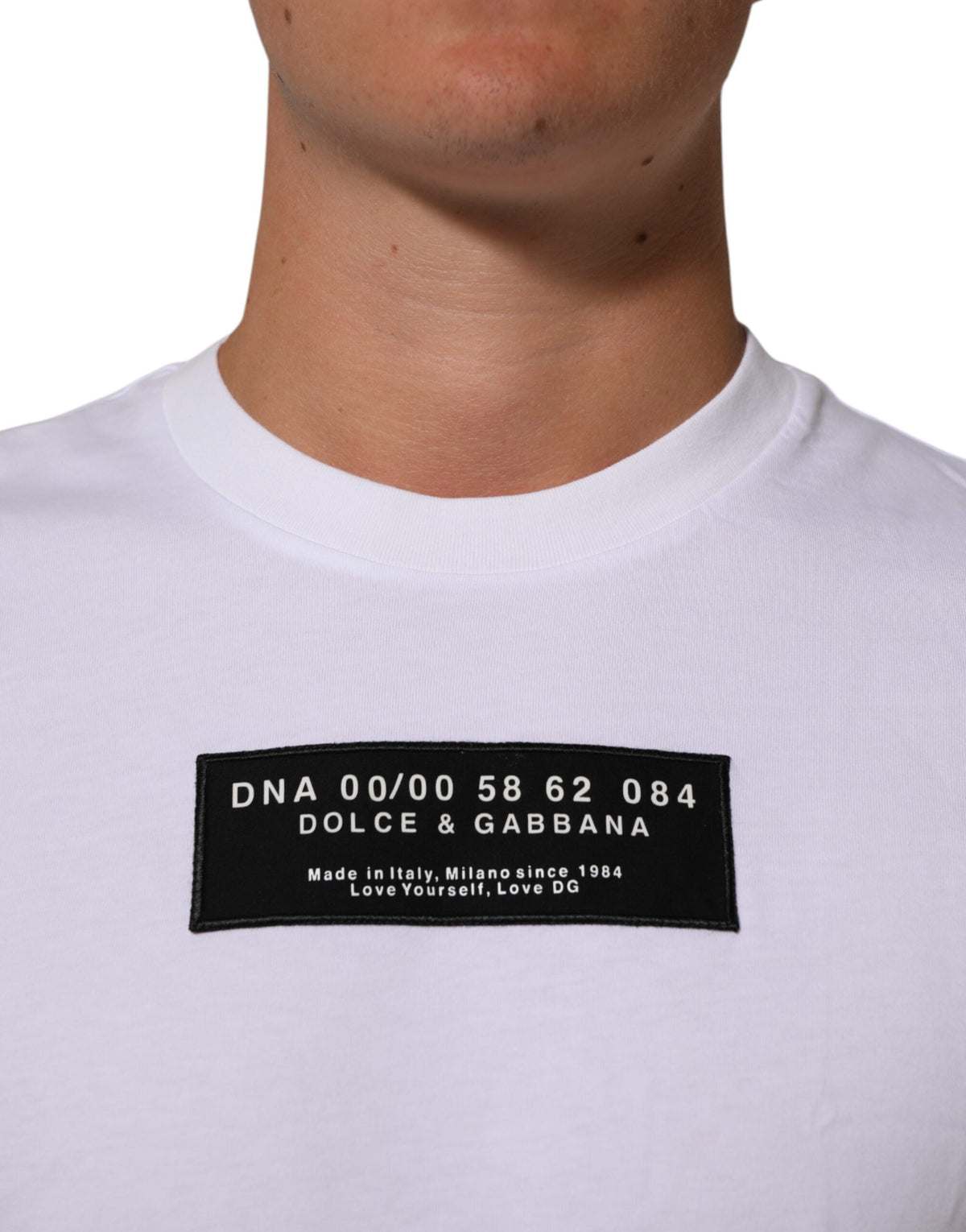 Dolce & Gabbana Men's Regular Fit Short-Sleeve Crew Neck Denim Cotton T-Shirt - White Signature Print