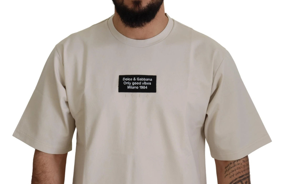 Dolce & Gabbana Men's Regular Fit Short-Sleeve Crew Neck Stretch Cotton & Nylon T-Shirt - Ivory White Print