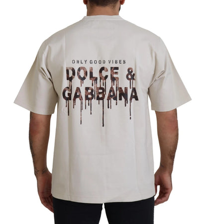 Dolce & Gabbana Men's Regular Fit Short-Sleeve Crew Neck Stretch Cotton & Nylon T-Shirt - Ivory White Print
