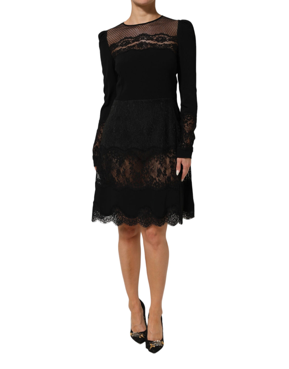 Dolce & Gabbana Women's A Line Sheath Cocktail Long-Sleeve Polyamide Polyester Cotton & Silk Dress - Black Floral