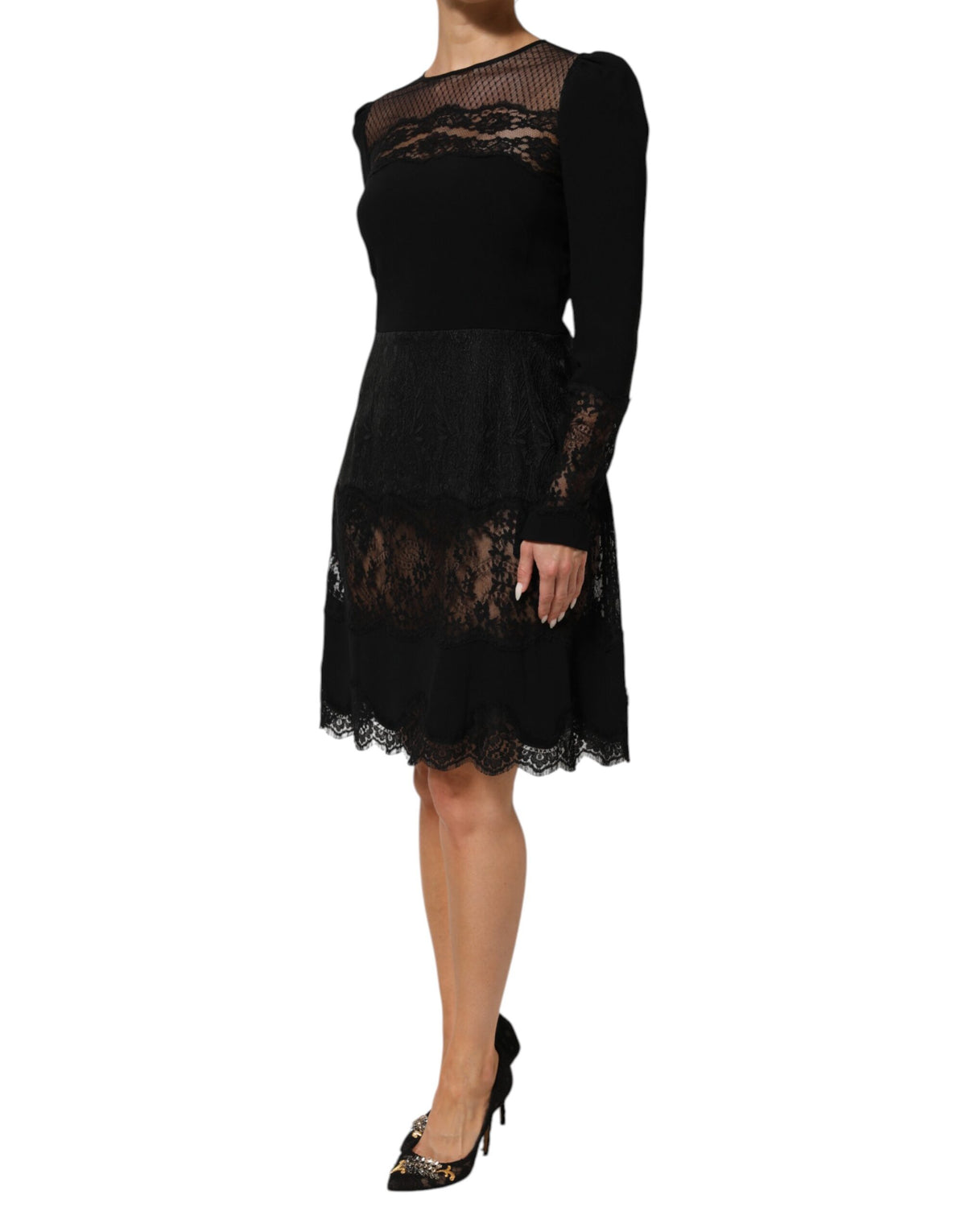 Dolce & Gabbana Women's A Line Sheath Cocktail Long-Sleeve Polyamide Polyester Cotton & Silk Dress - Black Floral