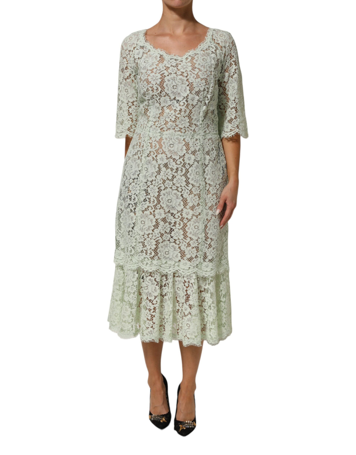 Dolce & Gabbana Women's Short-Sleeve Polyamide Silk Viscose & Cotton Midi Short Dress - Mint Green Floral
