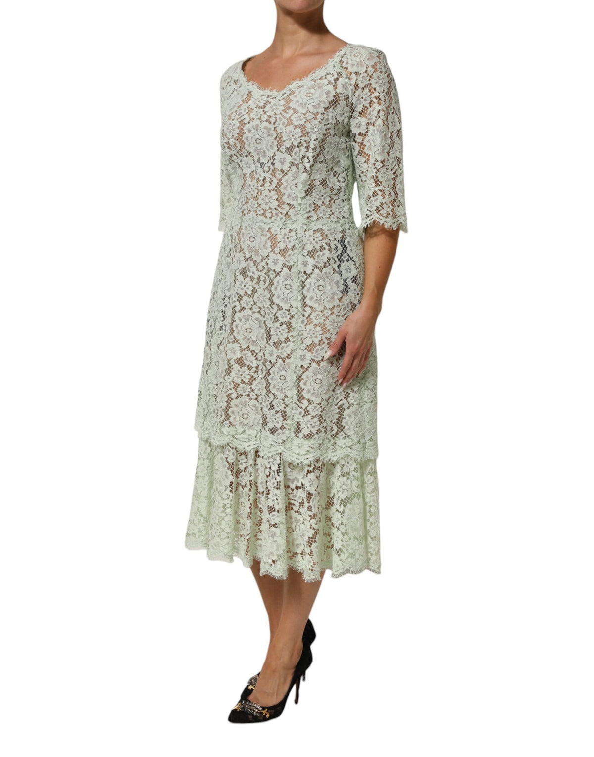 Dolce & Gabbana Women's Short-Sleeve Polyamide Silk Viscose & Cotton Midi Short Dress - Mint Green Floral