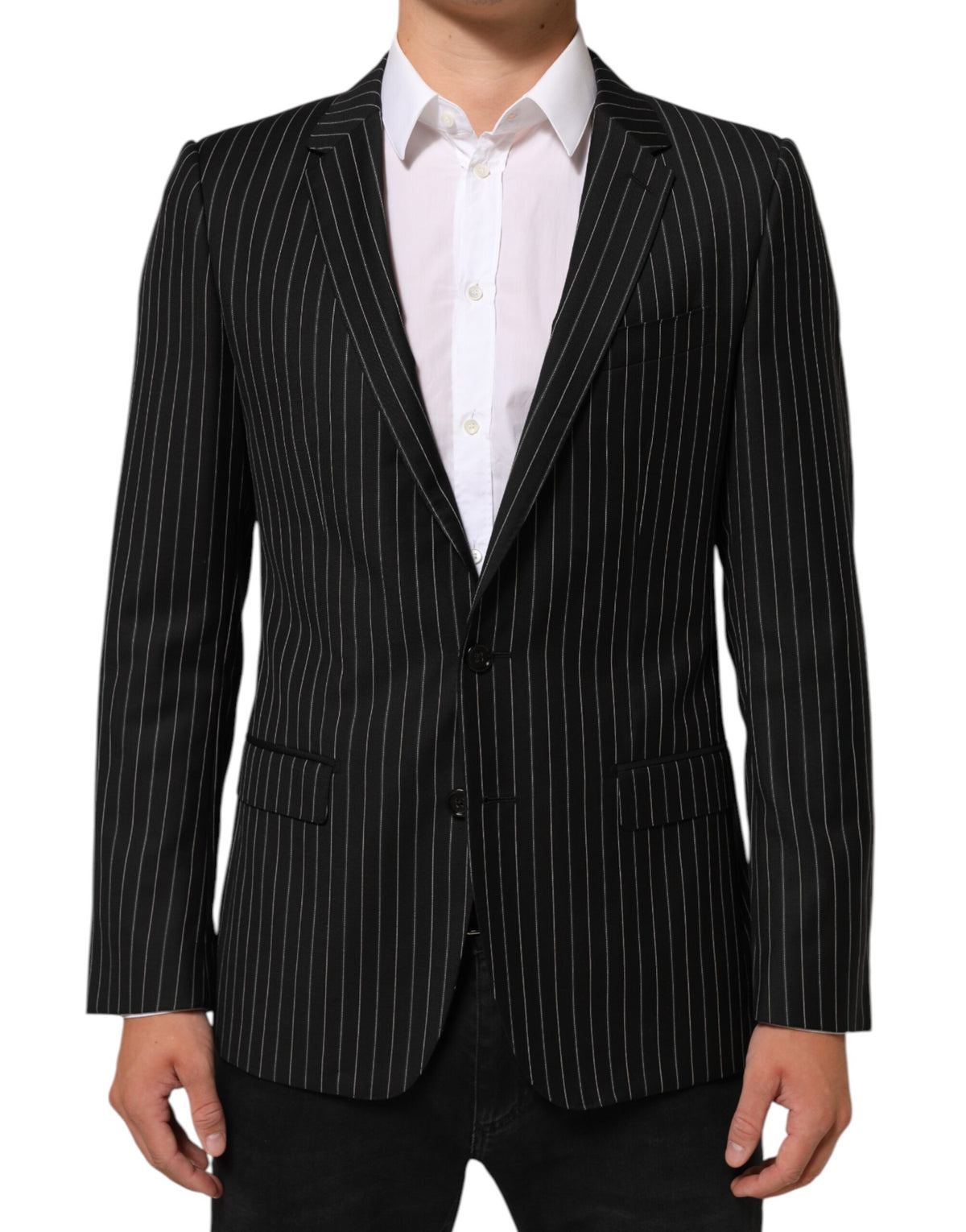 Dolce & Gabbana Men's Single Breasted Cotton Silk Viscose & Virgin Wool Blazer - Black Pinstripe Striped
