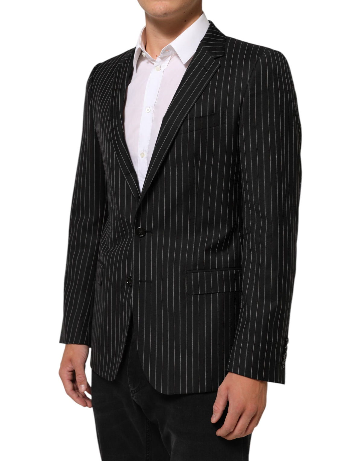 Dolce & Gabbana Men's Single Breasted Cotton Silk Viscose & Virgin Wool Blazer - Black Pinstripe Striped