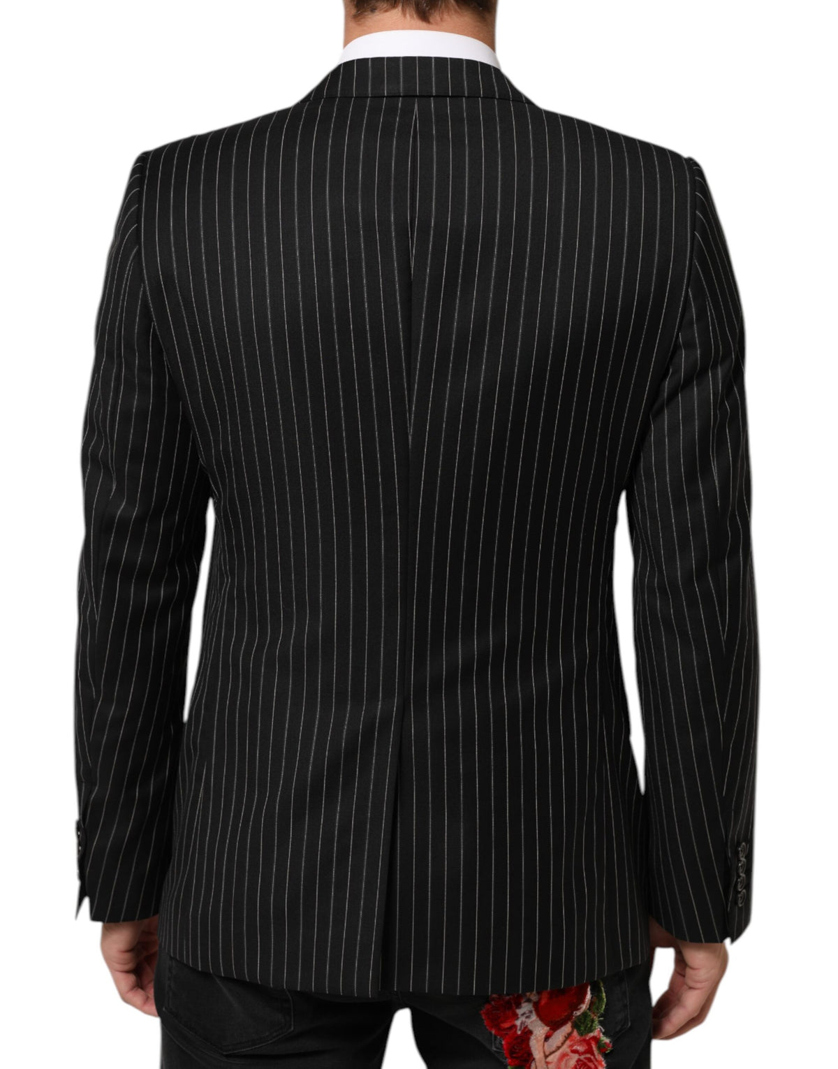 Dolce & Gabbana Men's Single Breasted Cotton Silk Viscose & Virgin Wool Blazer - Black Pinstripe Striped