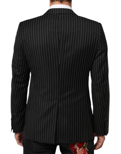 Dolce & Gabbana Men's Single Breasted Cotton Silk Viscose & Virgin Wool Blazer - Black Pinstripe Striped