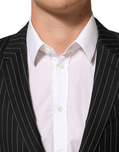 Dolce & Gabbana Men's Single Breasted Cotton Silk Viscose & Virgin Wool Blazer - Black Pinstripe Striped