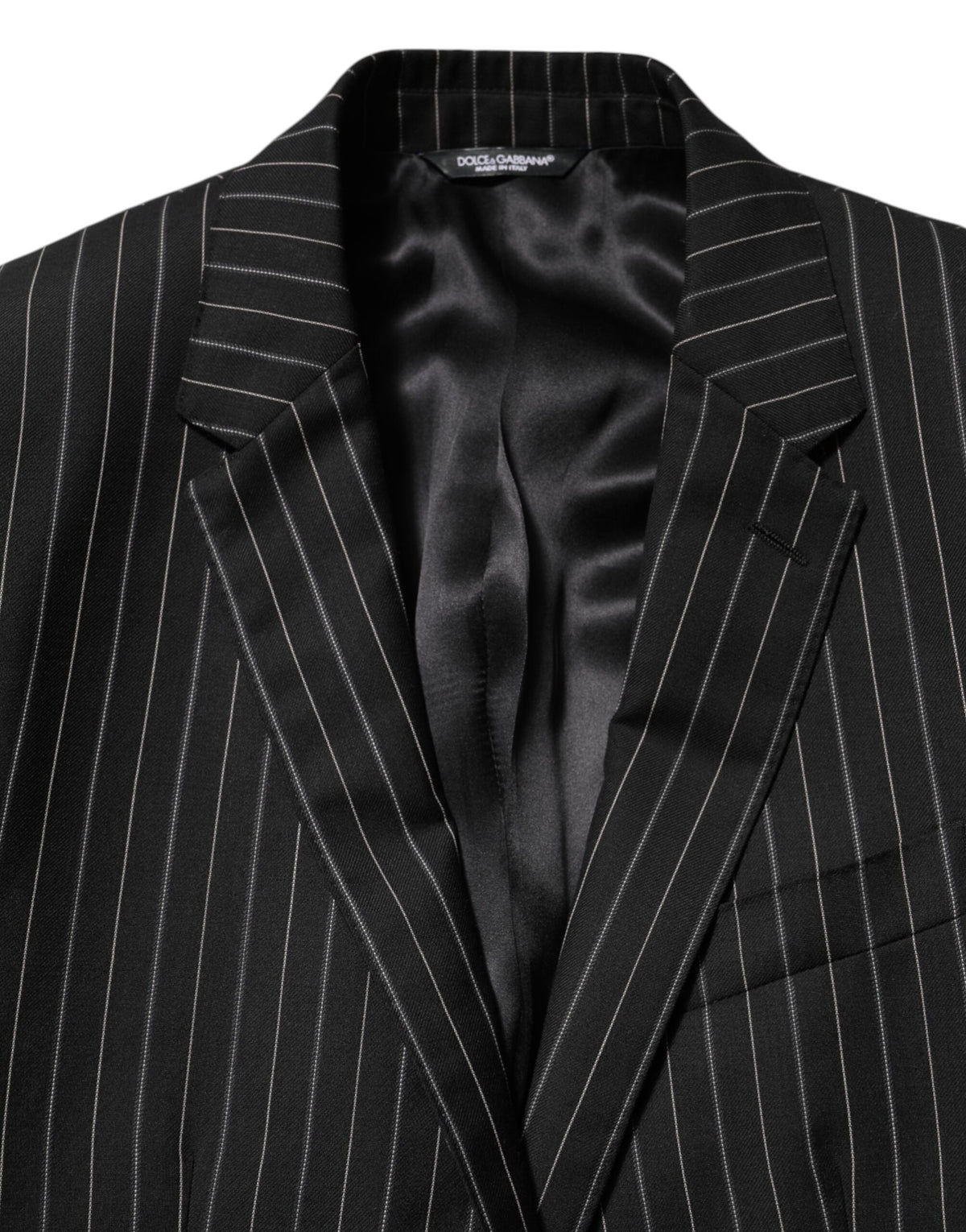 Dolce & Gabbana Men's Single Breasted Cotton Silk Viscose & Virgin Wool Blazer - Black Pinstripe Striped