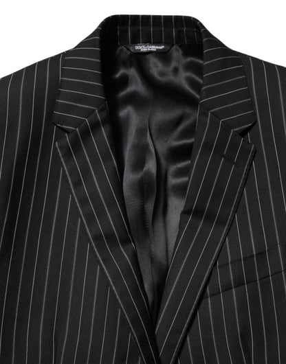 Dolce & Gabbana Men's Single Breasted Cotton Silk Viscose & Virgin Wool Blazer - Black Pinstripe Striped