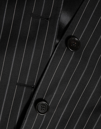 Dolce & Gabbana Men's Single Breasted Cotton Silk Viscose & Virgin Wool Blazer - Black Pinstripe Striped