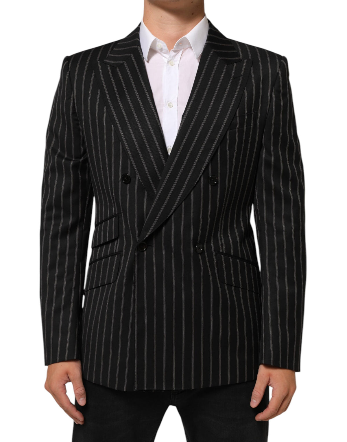 Dolce & Gabbana Men's Double Breasted Virgin Wool Silk Cotton & Polyester Blazer - Black Striped