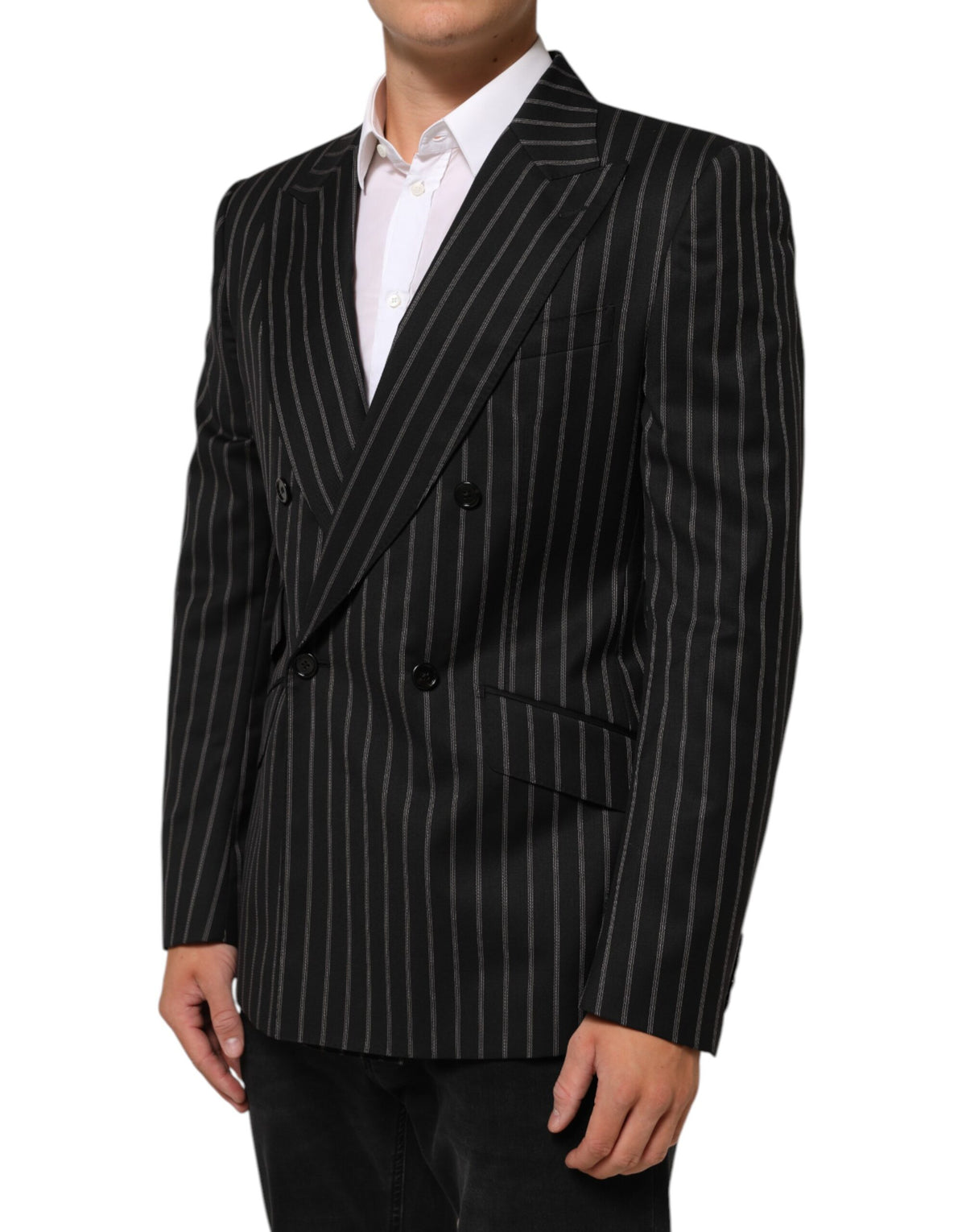 Dolce & Gabbana Men's Double Breasted Virgin Wool Silk Cotton & Polyester Blazer - Black Striped