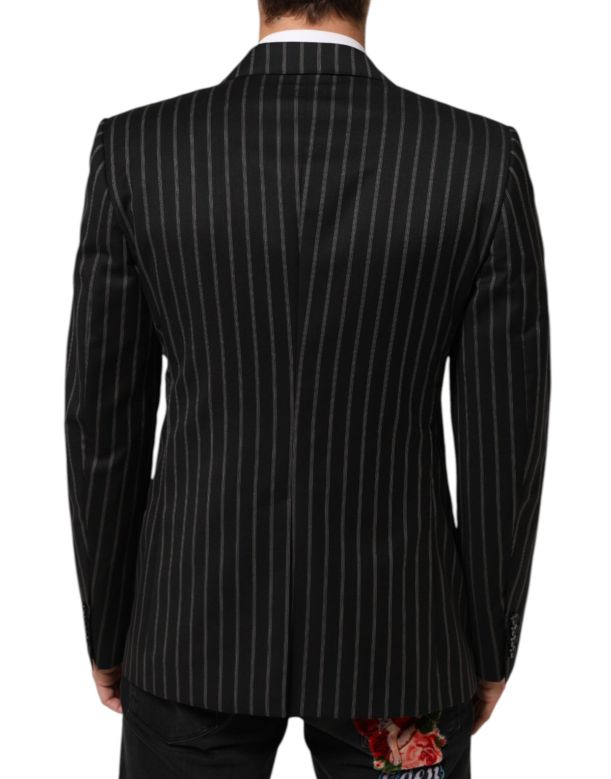 Dolce & Gabbana Men's Double Breasted Virgin Wool Silk Cotton & Polyester Blazer - Black Striped