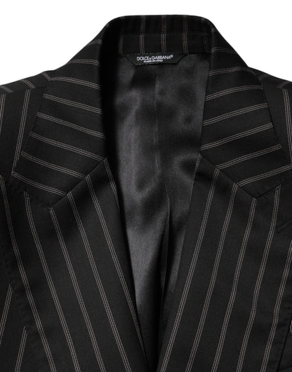 Dolce & Gabbana Men's Double Breasted Virgin Wool Silk Cotton & Polyester Blazer - Black Striped