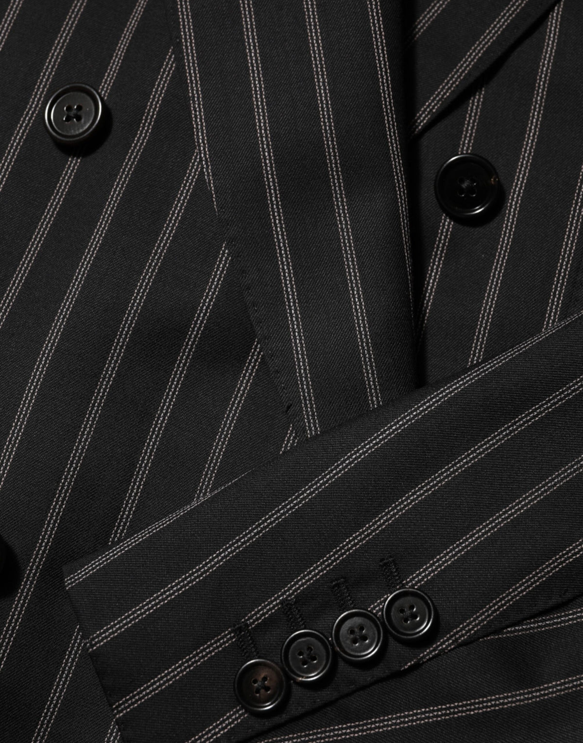 Dolce & Gabbana Men's Double Breasted Virgin Wool Silk Cotton & Polyester Blazer - Black Striped