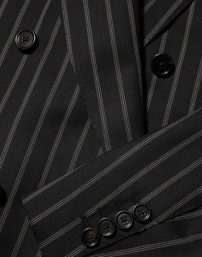 Dolce & Gabbana Men's Double Breasted Virgin Wool Silk Cotton & Polyester Blazer - Black Striped