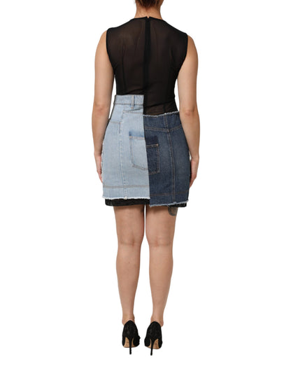 Dolce & Gabbana Women's Sheath Sleeveless Denim Nylon Cotton & Polyester Mini Dress - Blue Signature Patchwork