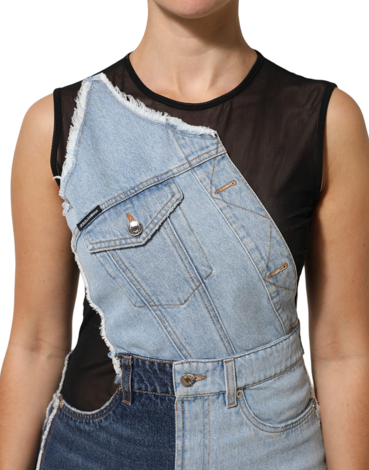 Dolce & Gabbana Women's Sheath Sleeveless Denim Nylon Cotton & Polyester Mini Dress - Blue Signature Patchwork