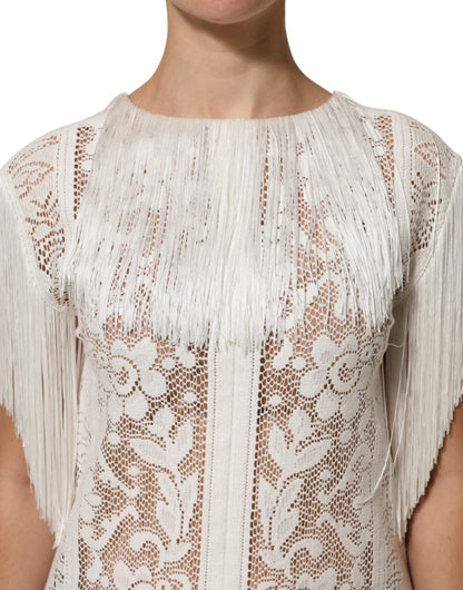 Dolce & Gabbana White Floral Lace Fringe Knee Length Dress