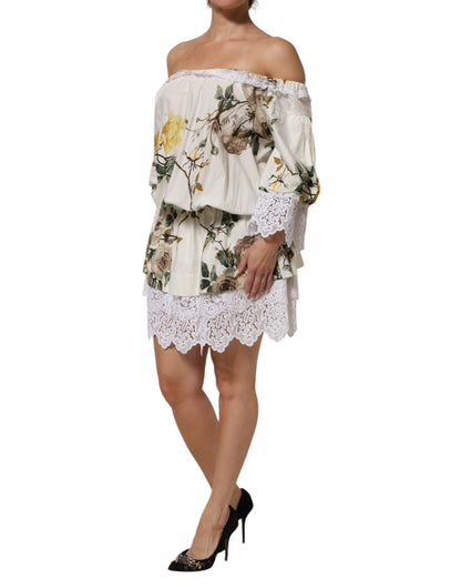 Dolce & Gabbana White Floral Lace Off Shoulder Mini Dress