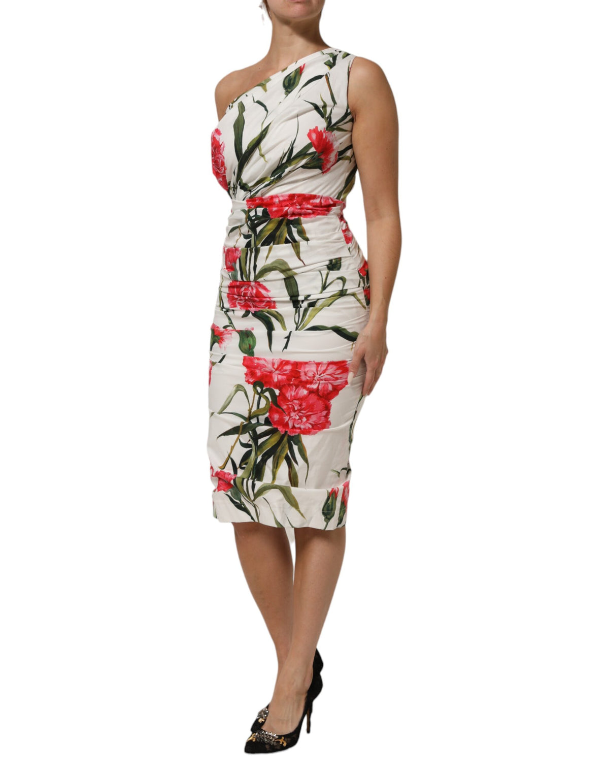 Dolce & Gabbana Women's Sheath One Shoulder Asymmetric Cocktail Sleeveless Cotton & Silk Midi Dress - White Patterned Floral Signature