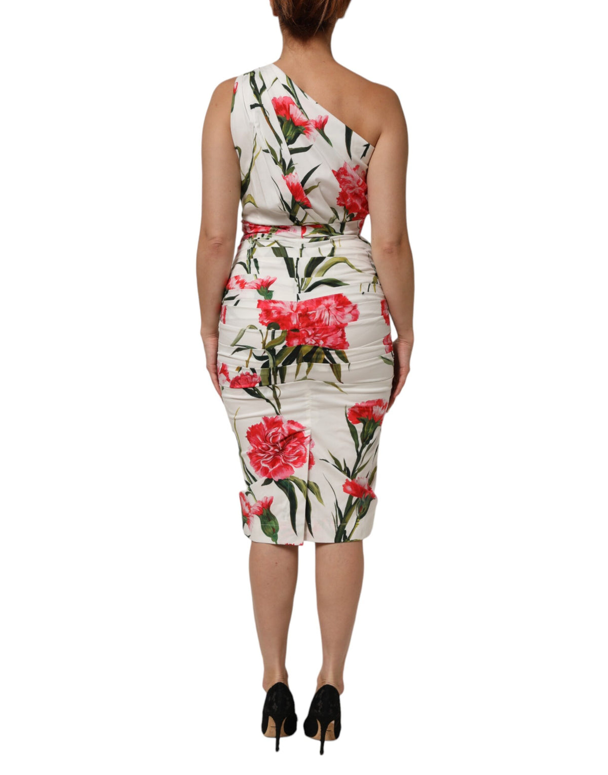 Dolce & Gabbana Women's Sheath One Shoulder Asymmetric Cocktail Sleeveless Cotton & Silk Midi Dress - White Patterned Floral Signature