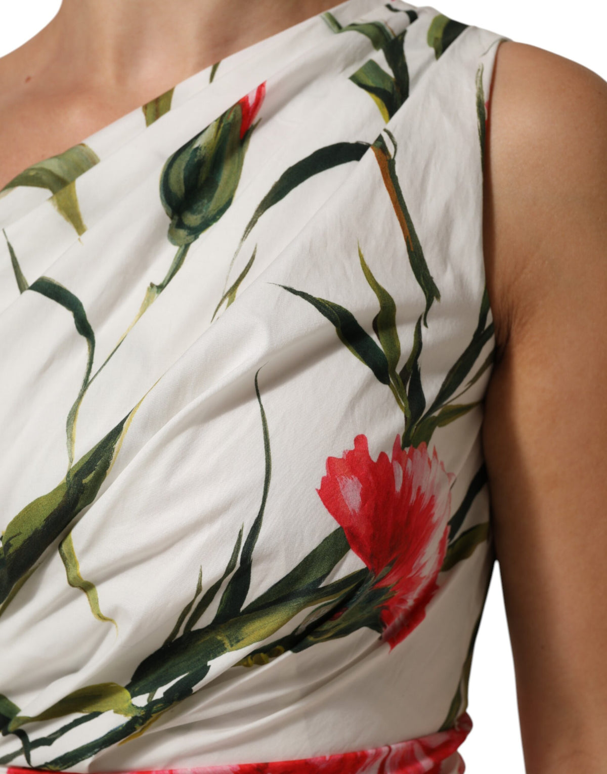 Dolce & Gabbana Women's Sheath One Shoulder Asymmetric Cocktail Sleeveless Cotton & Silk Midi Dress - White Patterned Floral Signature