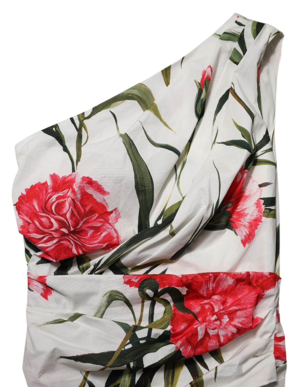 Dolce & Gabbana Women's Sheath One Shoulder Asymmetric Cocktail Sleeveless Cotton & Silk Midi Dress - White Patterned Floral Signature