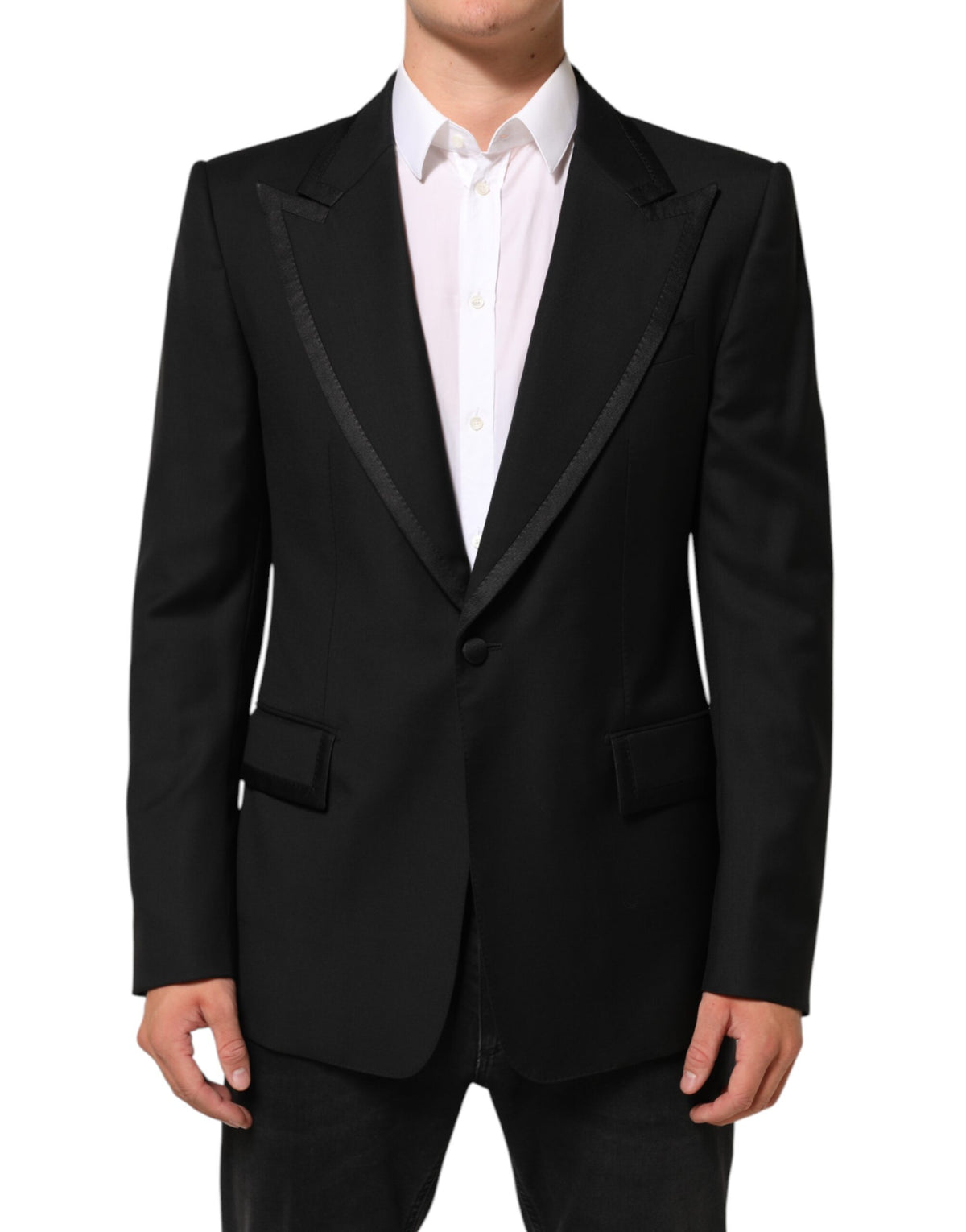 Dolce & Gabbana Men's Single Breasted Polyester Viscose Silk & Virgin Wool Blazer - Black