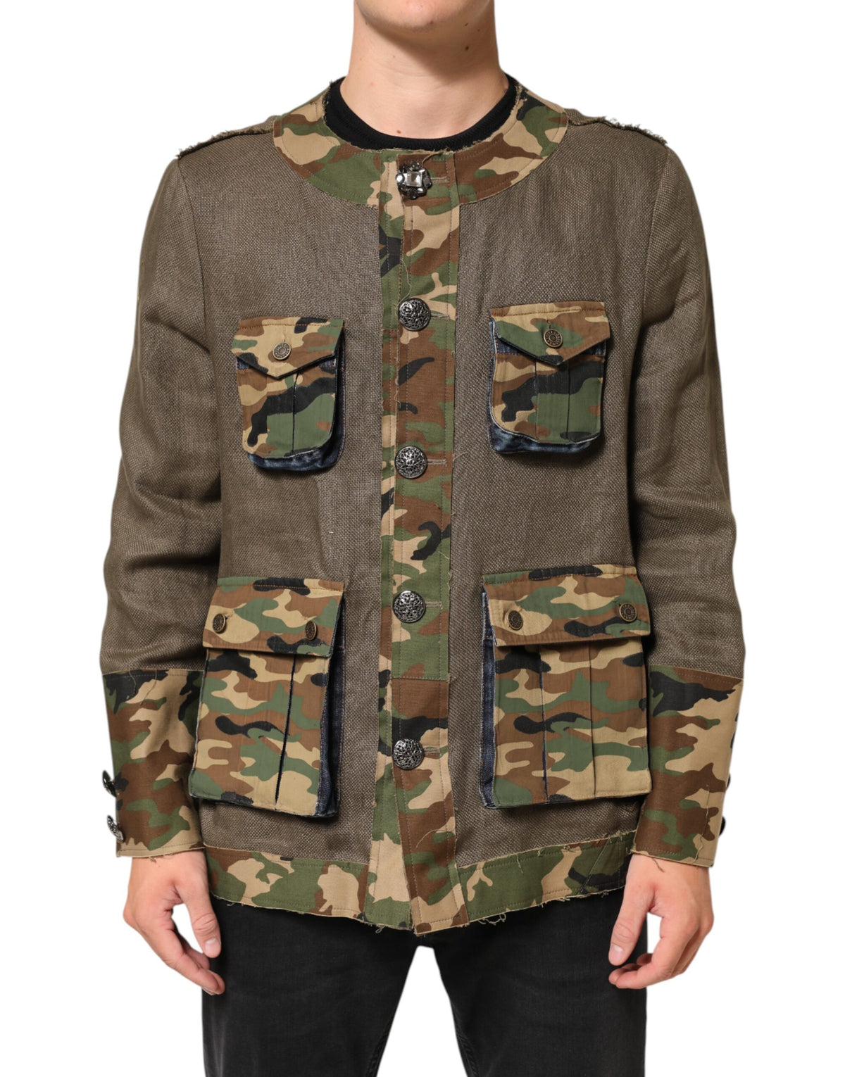 Dolce & Gabbana Men's Down Cotton Linen & Viscose Overcoat - Brown Camouflage Print