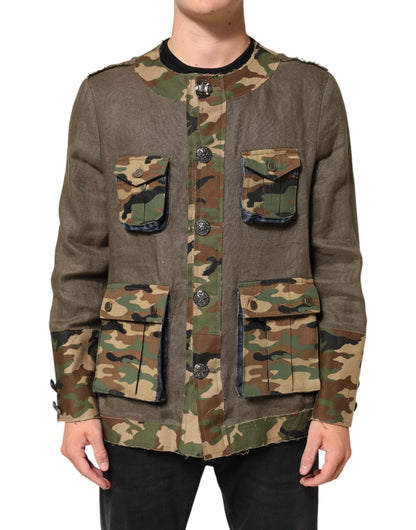 Dolce & Gabbana Men's Down Cotton Linen & Viscose Overcoat - Brown Camouflage Print