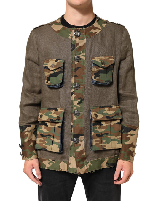 Dolce & Gabbana Men's Down Cotton Linen & Viscose Overcoat - Brown Camouflage Print