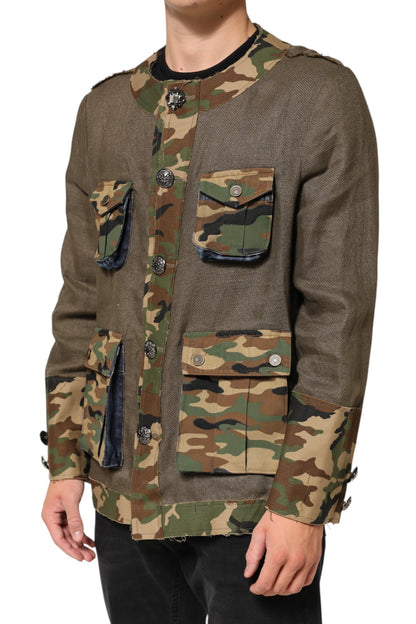 Dolce & Gabbana Men's Down Cotton Linen & Viscose Overcoat - Brown Camouflage Print
