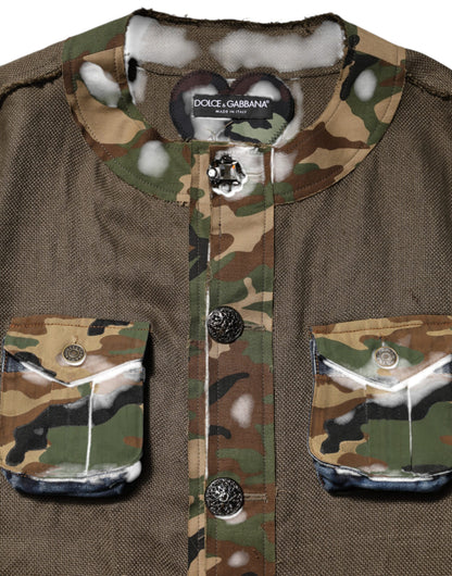 Dolce & Gabbana Men's Down Cotton Linen & Viscose Overcoat - Brown Camouflage Print