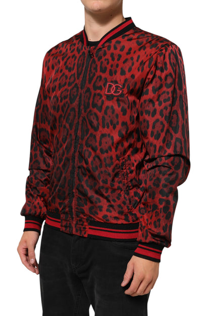 Dolce & Gabbana Men's Polyamide & Polyester Bomber Jacket - Red Leopard Print Print
