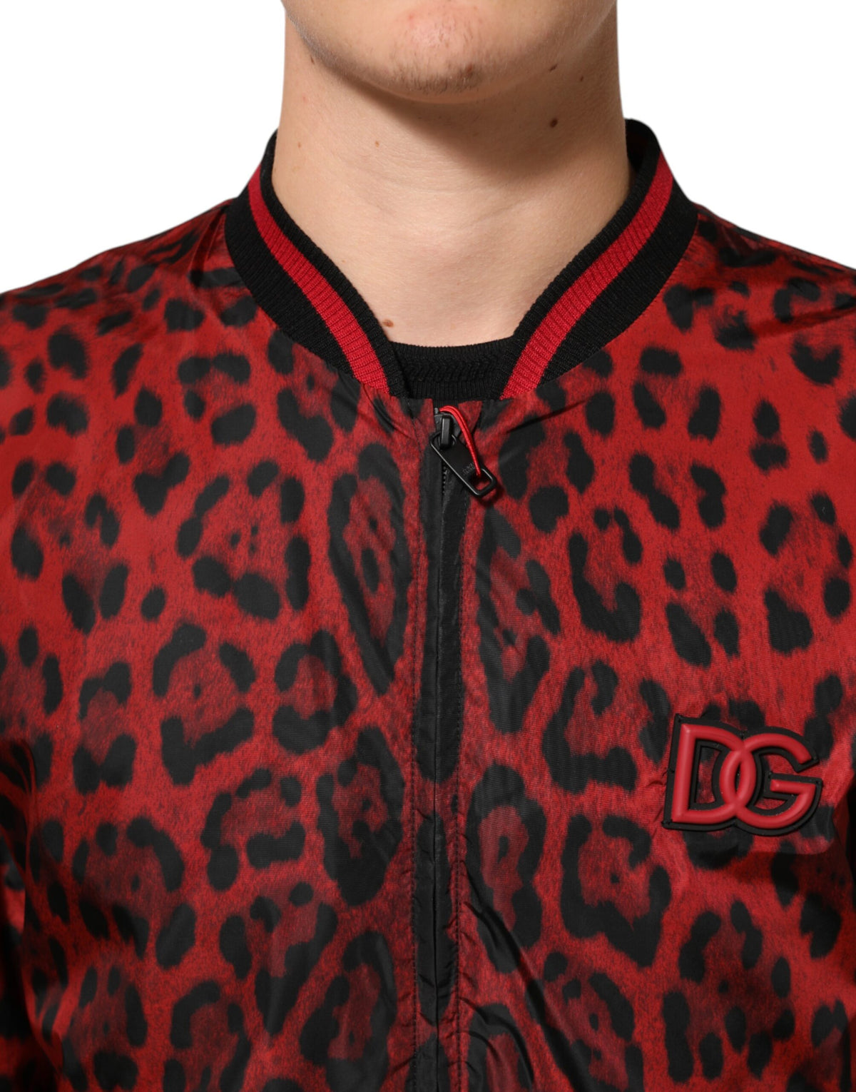 Dolce & Gabbana Men's Polyamide & Polyester Bomber Jacket - Red Leopard Print Print