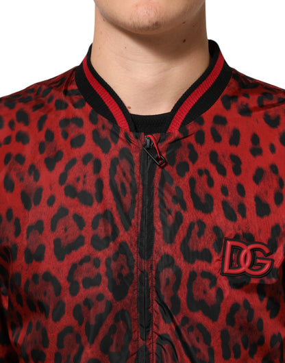 Dolce & Gabbana Men's Polyamide & Polyester Bomber Jacket - Red Leopard Print Print